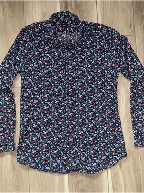 Express Men's Navy Floral Dress Shirt with Pink & White Accents